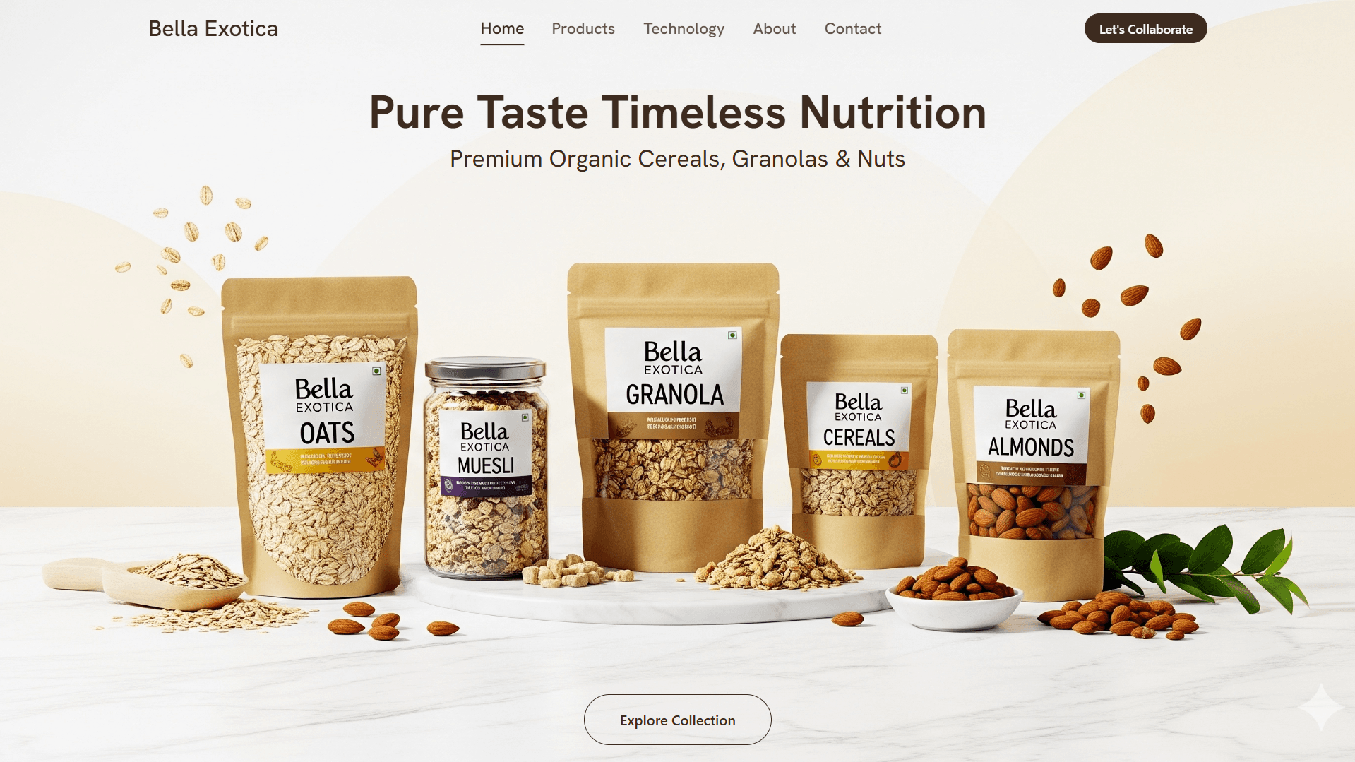Bella Exotica e-commerce landing page design for premium organic cereals and nuts